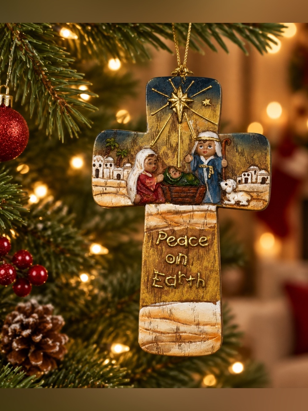 Resin Cross Peace on Earth Nativity Scene Ornament Mary Joseph Baby Jesus 3x5 in